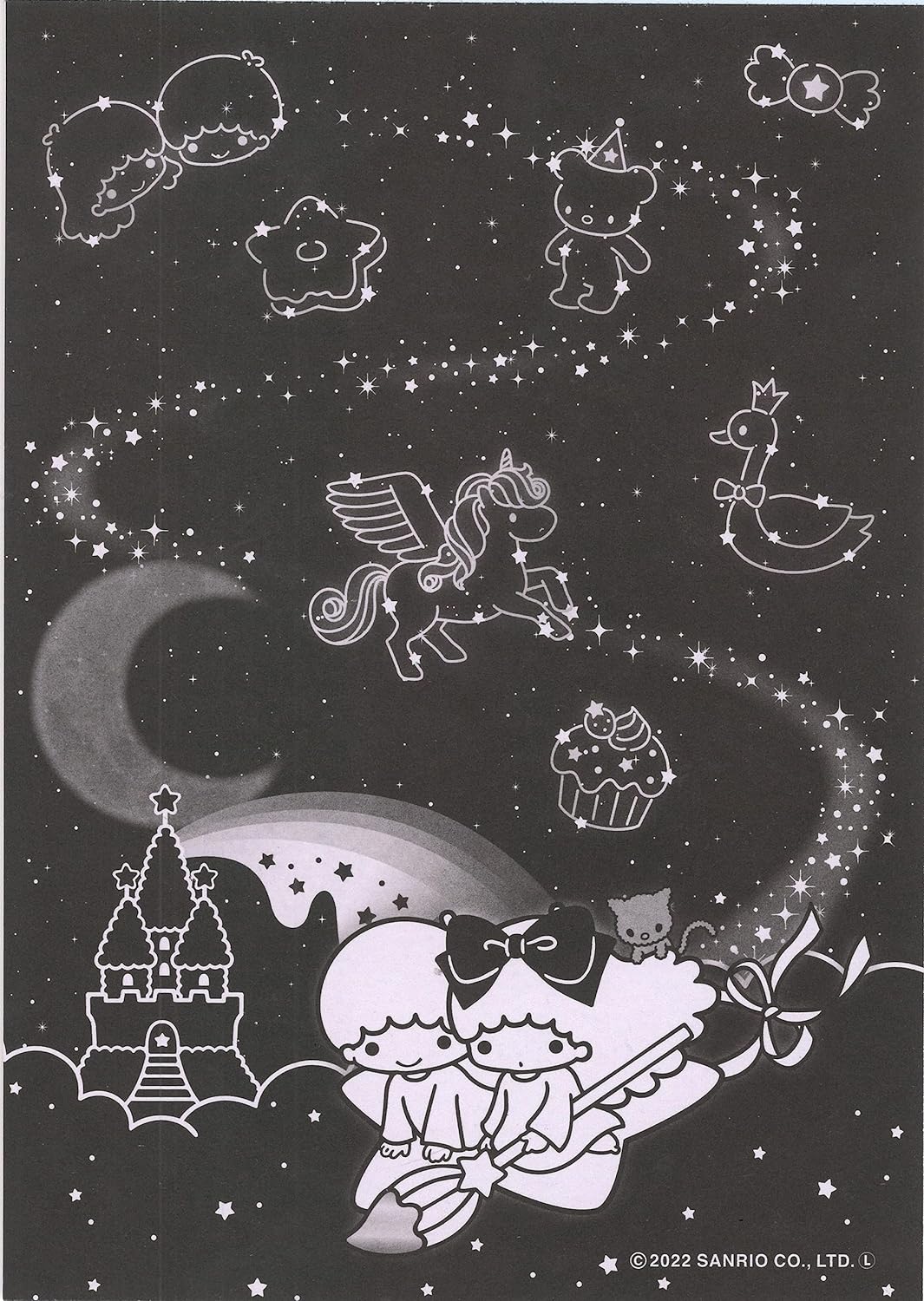Little Twin Stars Coloring Book, Black Background, 16 Coloring Pages 5.8 in x 8.3 in A5 Size